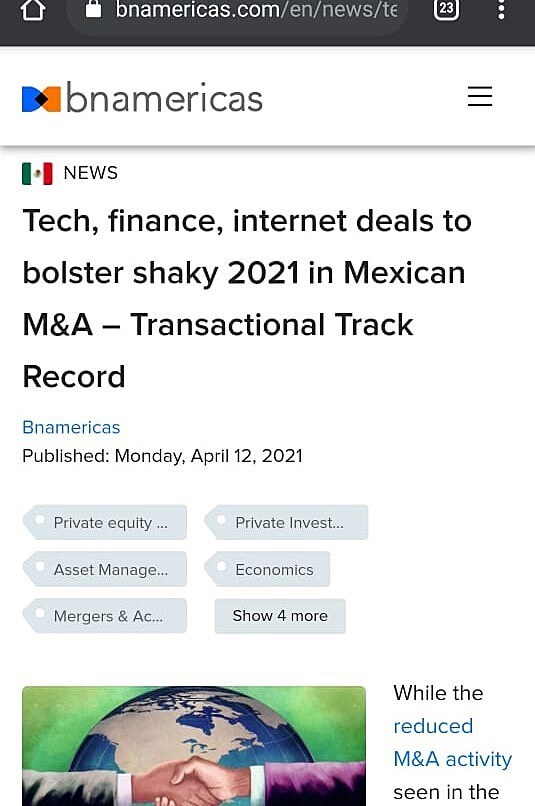 Tech, finance, internet deals to bolster shaky 2021 in Mexican M&A- Transactional Track Record